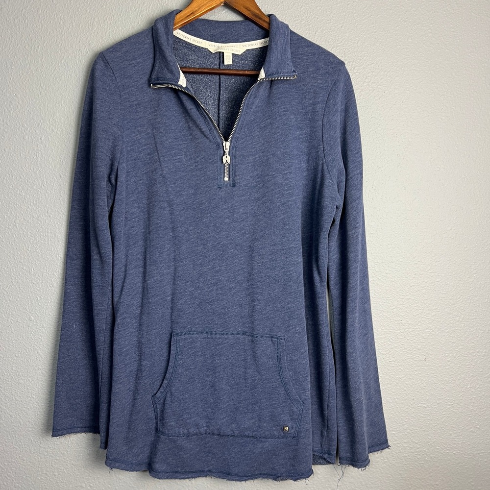 Victoria's Secret 1/4 Zip Pullover Cozy Casual Loungewear Frayed Hem Blue Size L